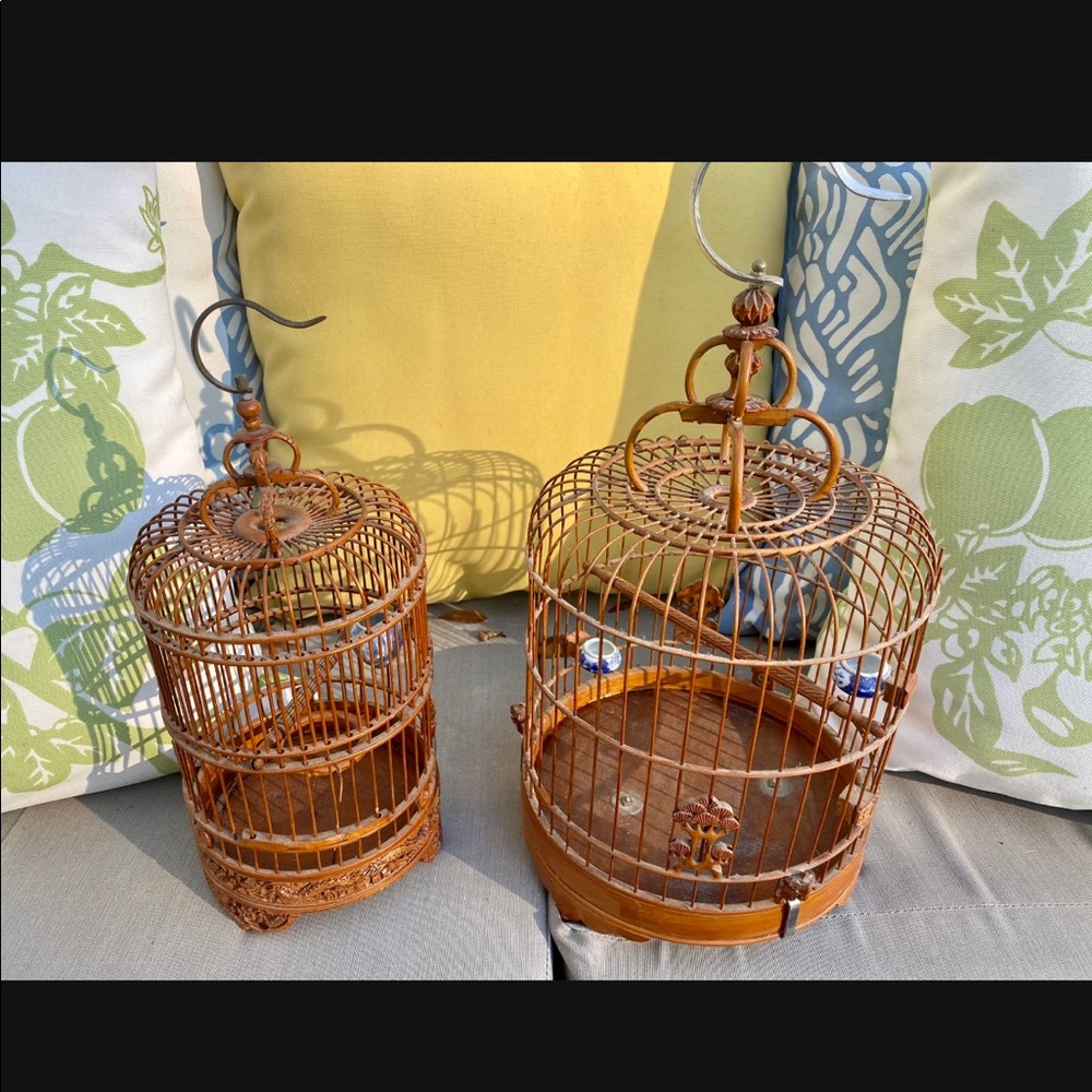 Vintage Birdcage Round Carved Bamboo Wooden Bird Cages